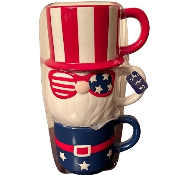 Other - USA Patriotic Gnome Stackable Mug Set red white blue July 4 new in packaging